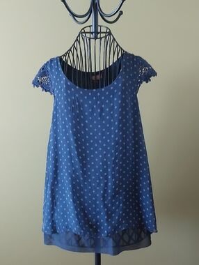 Blue Polka Dot Crochet Sleeve Tunic Top. Made in ITALY